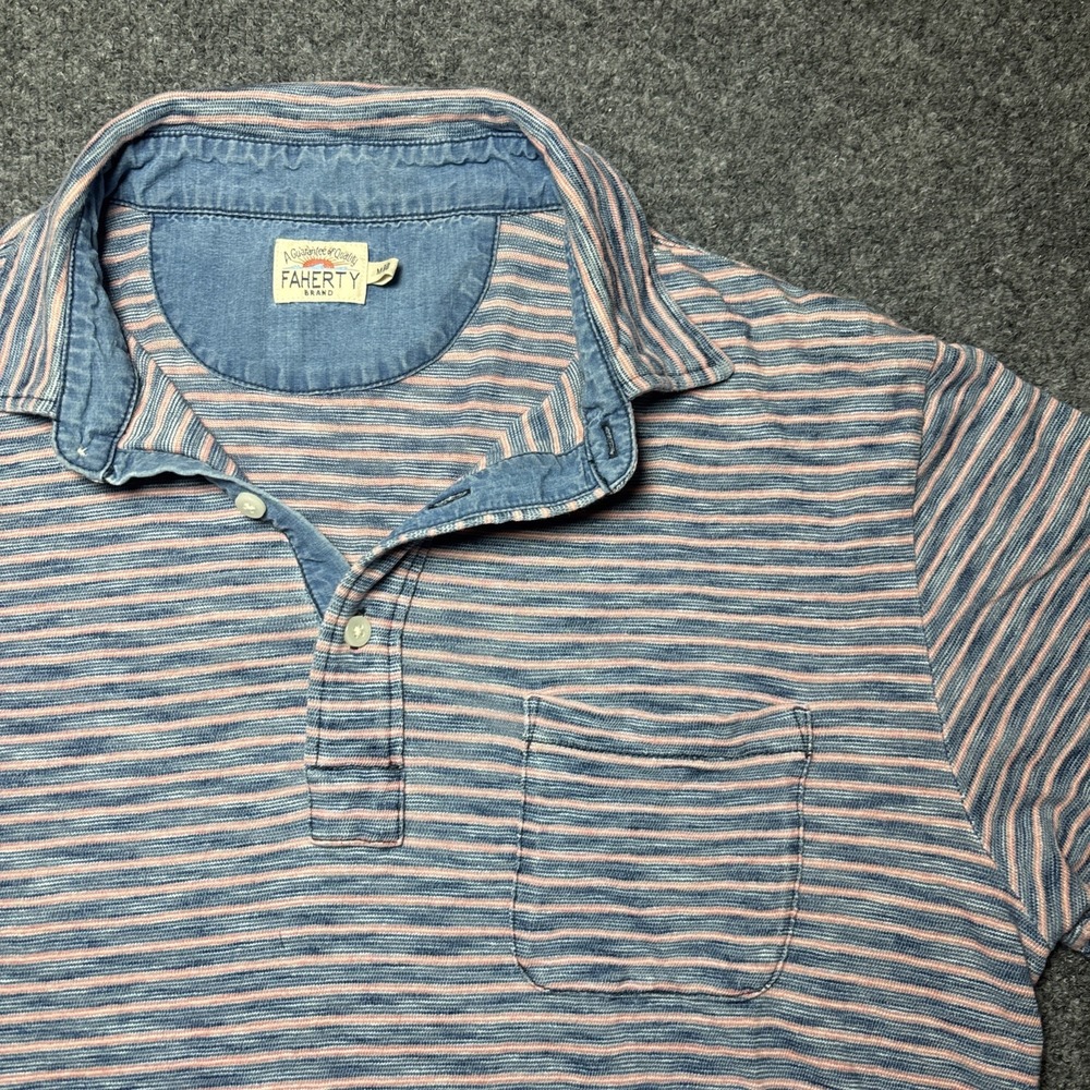 Faherty Polo Shirt Mens Medium Pink Blue Striped Short Sleeve Cotton - Picture 2 of 7